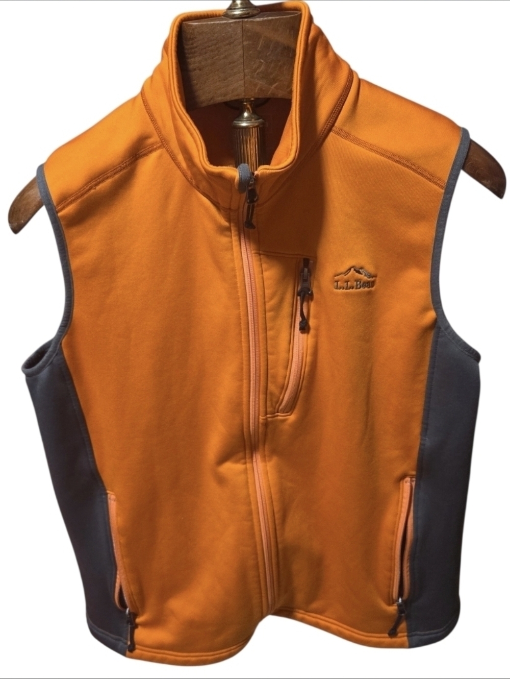 LL Bean Men's POLARTEC Vest Softshell Orange Gray Zip Front Zip Pockets Size XL